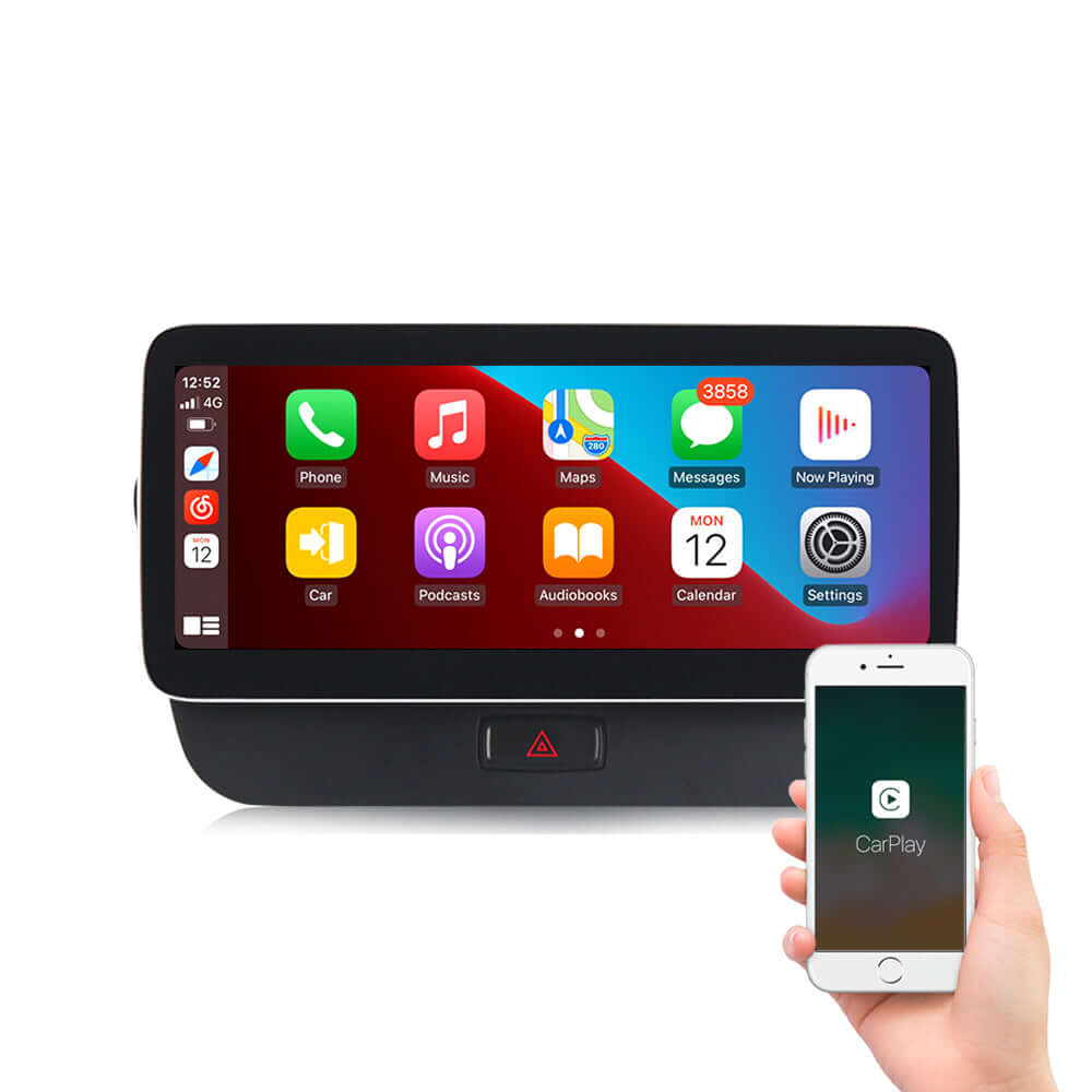 Audi Q5 10.25" Apple CarPlay & Android Auto head unit display with iPhone showing CarPlay screen.