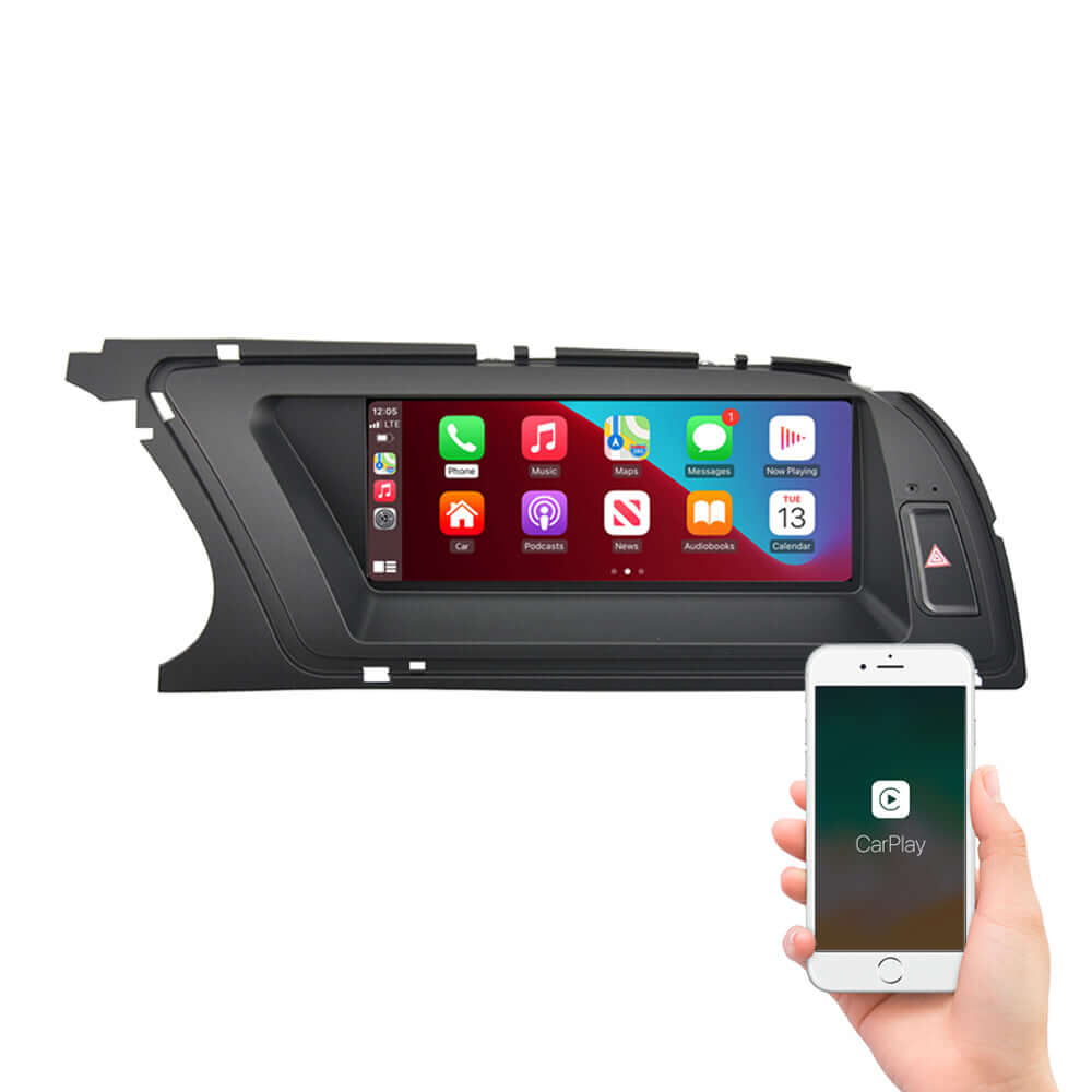 Apple CarPlay and Android Auto head unit upgrade for Audi A4 S4 A5 S5 B8 with 8.8-inch screen, shown with iPhone in hand.